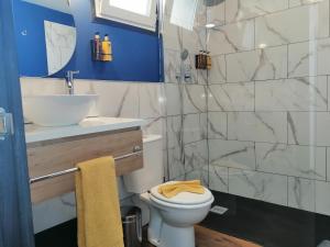 LajitaChabela's water wall的一间带卫生间、水槽和镜子的浴室