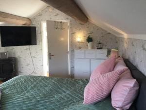 赖特维克Mysigt boende I Rättvik med utsikt över Siljan的一间卧室配有一张带粉色枕头的床和电视。