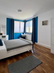 索佐波尔Fos and Flame的一间卧室配有蓝色窗帘和一张地毯床
