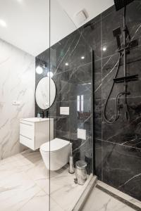 布达佩斯Prime Star Fashion street modern luxury apartments的一间带卫生间和玻璃淋浴间的浴室