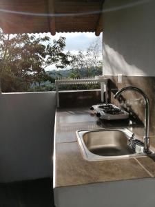 菲兰迪亚Alojamiento rural finca la bendición的带水槽的厨房台面和窗户