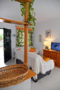 伊斯兰蒂拉勒亚度假屋的一间卧室配有一张床、一台电视和一个篮子