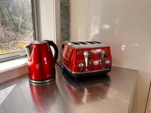 皇后镇Iconic Queenstown的台面上的一个红色烤面包机和咖啡壶