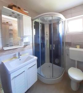 科巴里德Krampez的带淋浴、盥洗盆和卫生间的浴室