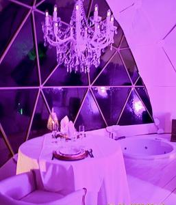 巴达洛纳Domo Suites Masía Cal Geperut的紫色的客房配有桌子和吊灯
