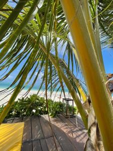马特姆维Zanzibar Tiny Villa at La Villa De Victor的从棕榈树下欣赏海滩美景