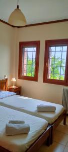 扎戈拉Athina's Villa Uphill的一间卧室设有两张床和两个窗户。