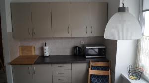索波特Sopot Centrum的厨房配有白色橱柜和黑色台面