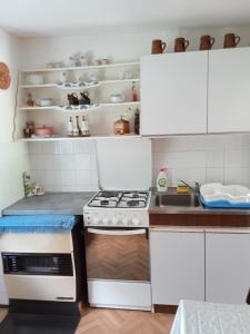 Brod na KupiKuća za odmor Lešnica的厨房配有白色橱柜和炉灶烤箱。