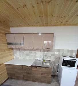 扎布利亚克Guest House RG的厨房配有白色橱柜、水槽和炉灶。