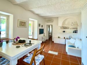 阿祖罗港Aria di Collina - Isola d'Elba的厨房以及带桌椅的起居室。