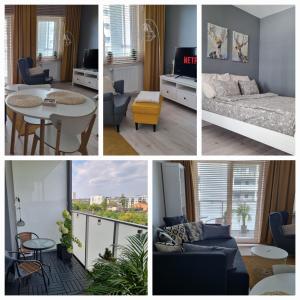 罗兹Apple Apartments - Mickiewicza PRYWATNE MIEJSCE PARKINGOWE的卧室和客厅的照片拼合在一起