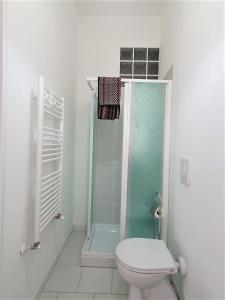 福洛尼卡Affittacamere Casa Cynda的一间带卫生间和玻璃淋浴间的浴室