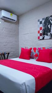 巴兰基亚Casa Boston Inn的一间卧室配有一张带红色枕头的大床