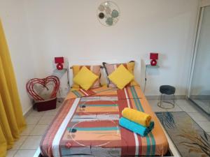 圣玛丽Entre Mer et Montagne, appartement climatisé, vue mer, WIFI的一间卧室配有一张带彩色毯子的床