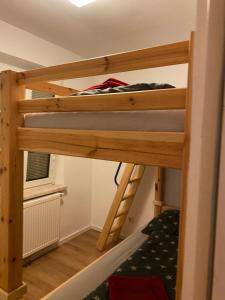 克拉根福Appartement Wörthersee的客房内的双层床,带梯子
