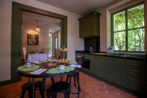 科莫The Greenhouse Luxury Villa on Lake Como的厨房配有绿色橱柜和桌椅