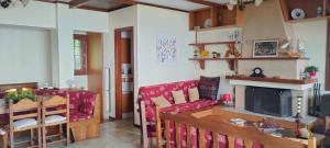 扎戈拉Athina's Villa Uphill的客厅设有红色的沙发和壁炉