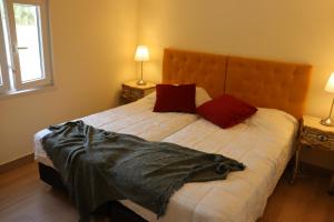 波塔莱格雷Herdade do Montinho的一间卧室配有两张单人床和红色枕头