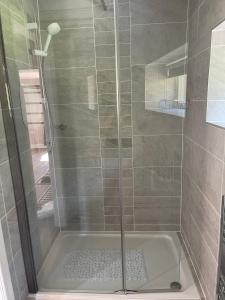 布里格豪斯Bracken Lodge的浴室里设有玻璃门淋浴