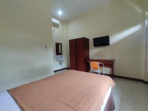 登巴萨Adi Pelita Sari Bali的一间卧室配有一张床、一张书桌和一台电视。