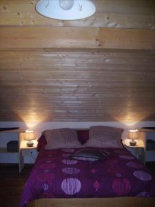 蓬塔利耶Gite du Brin d'Herbe的一间卧室配有一张带两盏灯的紫色床