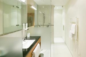 因斯布鲁克赛勒酒店的带淋浴、盥洗盆和镜子的浴室