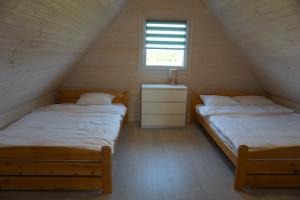 鲁斯诺沃Domki Weekend的带窗户的客房内设有两张单人床。