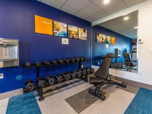 汉福德汉福德勒摩尔康福特茵酒店的蓝色墙壁上的健身房,里面设有一排健身器材