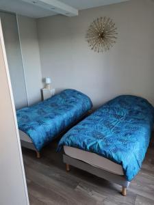 蓬托尔松Bel appartement tout proche du Mont st Michel的配有两张蓝色床单和镜子的客房内的床铺