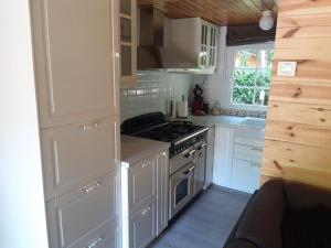 拉纳肯Vakantiehuisje的厨房配有白色橱柜和炉灶烤箱。