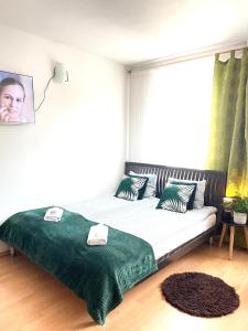 奥尔什丁Studio przy Starówce的一间卧室配有一张带绿色床单的床和一扇窗户。