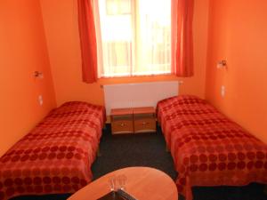 维尔纽斯耶路撒冷酒店的橙色墙壁和窗户的客房内的两张床