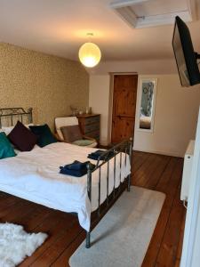 NantlleNorth Wales Cosy Cottage with views near Eryri Snowdonia的一间卧室配有一张床和一台平面电视
