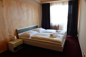 布雷兹诺杜姆别尔酒店的窗户和床罩的房间里的一个床位