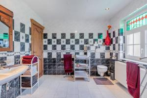 通厄伦Huize Koedoe的浴室设有黑色和白色的瓷砖墙壁和水槽