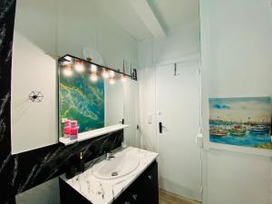 勒帕莱Appartement Vert du Palais - Relaxation Centrale的一间带水槽和镜子的浴室