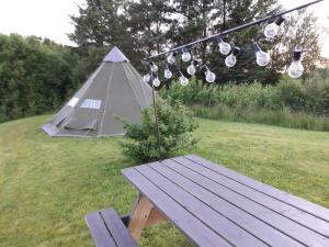 LyngstadLeite Telt Camping的野餐桌和田野帐篷