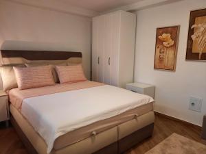 巴尔El Sol Apartmani的卧室配有带粉红色枕头的大型白色床