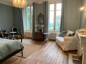 波旁拉尔尚博Chateau du Grand Lucay的客厅配有床和沙发