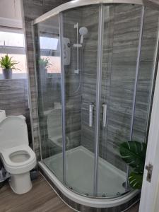 利兹Glamorous room with WiFi and Netflix的一间带卫生间的浴室内的玻璃淋浴间