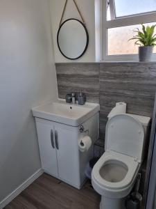 利兹Glamorous room with WiFi and Netflix的一间带卫生间、水槽和镜子的浴室
