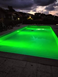 卡佩拉什Vila Emigrante的绿色泳池在晚上点亮