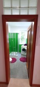 纳图尔诺Zweizimmer-Wohnung mit Parkgarage的一间带绿色墙壁的浴室和一间带洗衣机的浴室