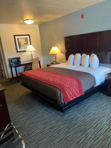 小石城花园汽车旅馆的酒店客房设有一张大床和一张书桌。
