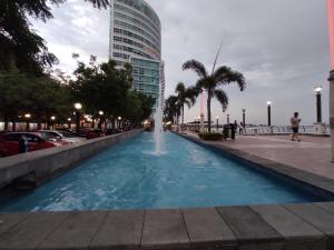 瓜亚基尔Suite Riverfront Puerto Santa Ana的街道中间的喷泉,有一座建筑