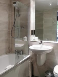 伦丁林克斯老庄园酒店的一间带水槽、淋浴和卫生间的浴室
