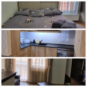布达佩斯Aphrodité apartman的两张照片,一张厨房和一张位于房间的床