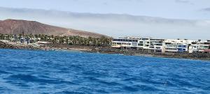 普拉亚布兰卡El Faro的一大片水体,有建筑背景