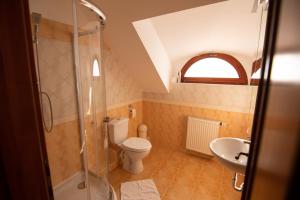 斯拉太阳花酒店的浴室配有卫生间、淋浴和盥洗盆。
